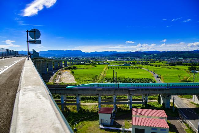 東北中央自動車道と新幹線高架橋を走る新幹線の写真