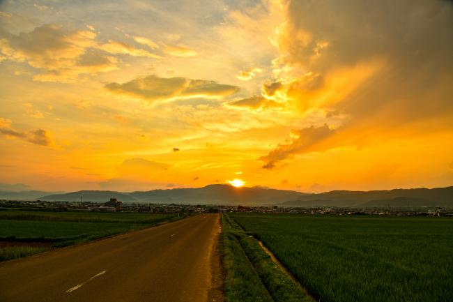 空がオレンジ色に染まる夕陽の写真