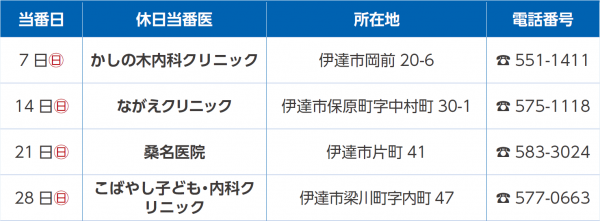 休日当番医表 6月分