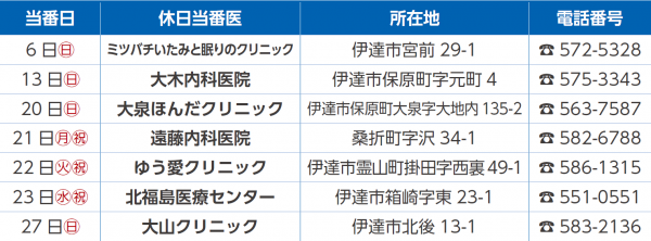 休日当番医表 9月分